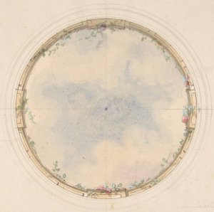A Circular ceiling design with clouds and roses by Jules-Edmond-Charles Lachaise Oil Painting