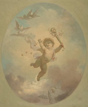 A winged putto and turtle doves by Jules-Edmond-Charles Lachaise Oil Painting