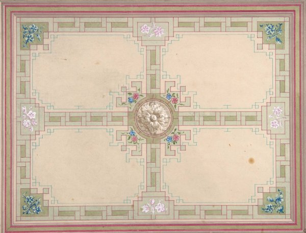 Design for a ceiling with floral accents and Greek key border  by Jules-Edmond-Charles Lachaise - Hand-Painted Oil Painting Reproduction