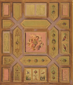 Design for a paneled ceiling painted with putti, birds, and floral motifs on tracing paper; mounted on wove paper Oil painting by Jules-Edmond-Charles Lachaise