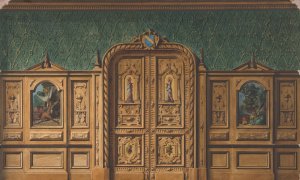 Design for a room with wood panels inset with paintings and a heavily-carved double door by Jules-Edmond-Charles Lachaise Oil Painting