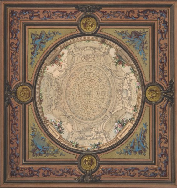 Design for the decoration of a ceiling with a trompe l'oeil painting of a coffered dome  by Jules-Edmond-Charles Lachaise - Hand-Painted Oil Painting Reproduction