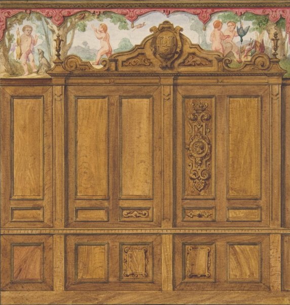 Design for the decoration of a room with a large wood-paneled cupboard surmounted by the monogram; H  by Jules-Edmond-Charles Lachaise - Hand-Painted Oil Painting Reproduction