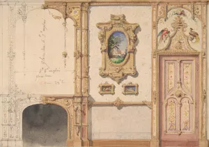 Design for the decoration of a wall punctuated by a fireplace and a door and hung with gold-framed pictures Oil painting by Jules-Edmond-Charles Lachaise
