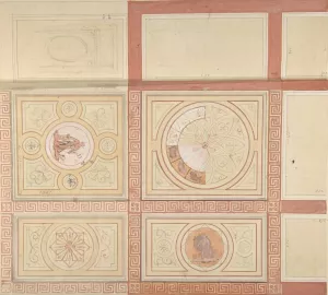 Design for the decoration of the ceiling of a vestibule in painted panels with roman key borders Oil painting by Jules-Edmond-Charles Lachaise