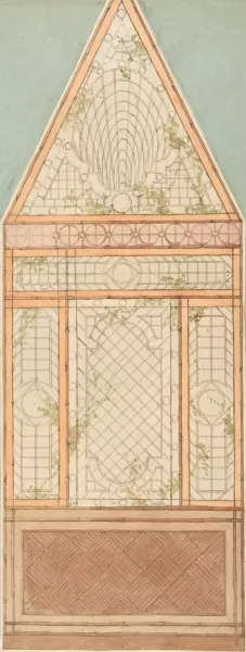 Design for the treatment of a wall with a pattern of lattices, vines, and bamboo Oil painting by Jules-Edmond-Charles Lachaise