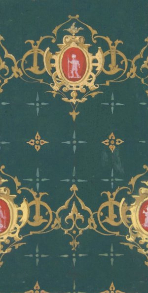 Design for wallpaper featuring rinceaux and carouches framing figures by Jules-Edmond-Charles Lachaise Oil Painting