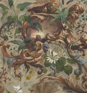 Design for wallpaper featuring shells, waterlilies, and cattails by Jules-Edmond-Charles Lachaise Oil Painting