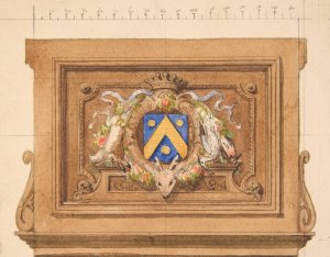 Design of a decorative panel featuring hunting trophies, a shield, and a crown by Jules-Edmond-Charles Lachaise Oil Painting