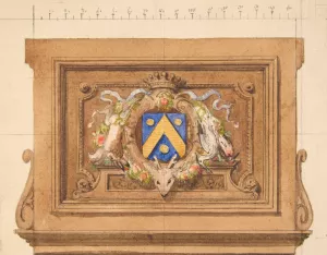 Design of a decorative panel featuring hunting trophies, a shield, and a crown Oil painting by Jules-Edmond-Charles Lachaise