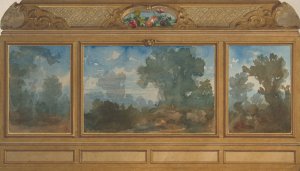 Elevation of a paneled interior decorated with painted landscapes and coves with cartouches and flowers by Jules-Edmond-Charles Lachaise Oil Painting