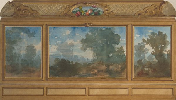 Elevation of a paneled interior decorated with painted landscapes and coves with cartouches and flowers  by Jules-Edmond-Charles Lachaise - Hand-Painted Oil Painting Reproduction