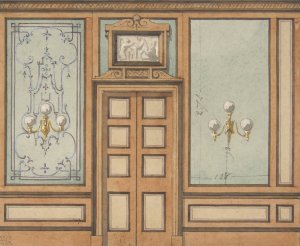 Elevation of a paneled interior with double doors and gaslight sconces by Jules-Edmond-Charles Lachaise Oil Painting