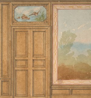 Elevation of a paneled wall with a mural or tapestry and a double doors surmounted by a painting of ducks by Jules-Edmond-Charles Lachaise Oil Painting
