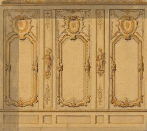 Elevation of an interior showing a wall decorated in ornate panels and mounted statuettes by Jules-Edmond-Charles Lachaise Oil Painting