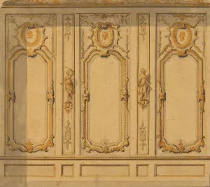Elevation of an interior showing a wall decorated in ornate panels and mounted statuettes by Jules-Edmond-Charles Lachaise Oil Painting