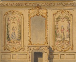 Elevation of an interior wall decorated with a chimney piece surmouted by a mirror and flanked with painted panels by Jules-Edmond-Charles Lachaise Oil Painting