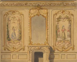 Elevation of an interior wall decorated with a chimney piece surmouted by a mirror and flanked with painted panels Oil painting by Jules-Edmond-Charles Lachaise