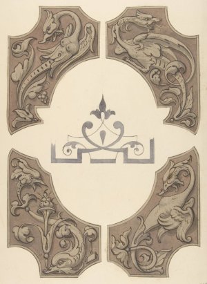 Grotesque designs featuring griffin, birds, and dolphins by Jules-Edmond-Charles Lachaise Oil Painting