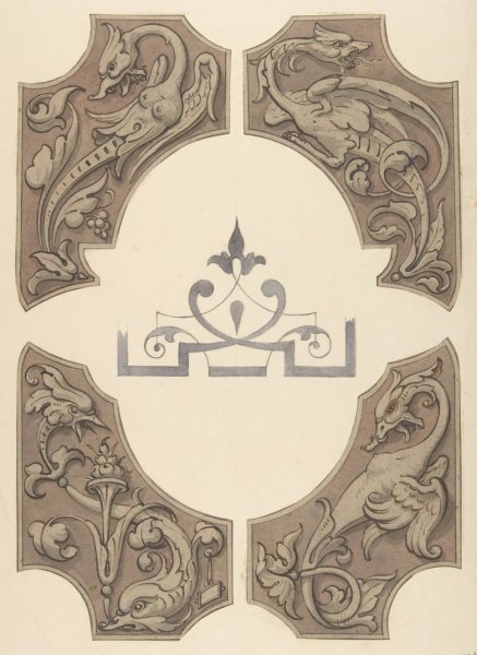 Grotesque designs featuring griffin, birds, and dolphins  by Jules-Edmond-Charles Lachaise - Hand-Painted Oil Painting Reproduction