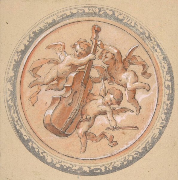 Medallion with putti holding a cello  by Jules-Edmond-Charles Lachaise - Hand-Painted Oil Painting Reproduction