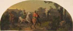 Mural design picturing riders in a landscape for a lunette in the library of the Chateau de Lude by Jules-Edmond-Charles Lachaise Oil Painting