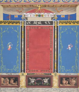 Painted Wall Decor Featuring Thin Column with a Pair of Swans and Trompe L'Oeil Vases at Base by Jules-Edmond-Charles Lachaise Oil Painting
