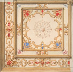 Partial design for a ceiling painted in strapwork and pine cone motifs Oil painting by Jules-Edmond-Charles Lachaise