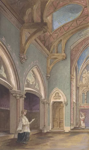 View of Interior with Figures, Saint Clotilde by Jules-Edmond-Charles Lachaise Oil Painting
