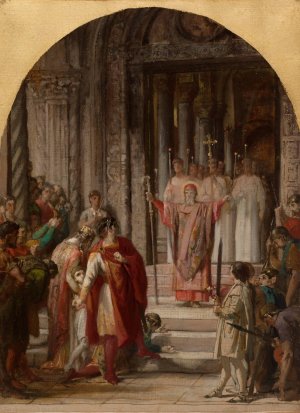 Saint Ambroise interdit l'entree du lieu saint a l'empereur Theodose, coupable du meurtre des habitants d'Antioche. by Jules-Eugene Lenepveu Oil Painting