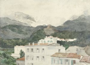 Landhuizen aan de voet van de bergen, hooggebergte in het verschiet, La Turbie Oil painting by Jules-Ferdinand Jacquemart