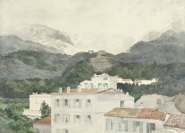 Landhuizen aan de voet van de bergen, hooggebergte in het verschiet, La Turbie  by Jules-Ferdinand Jacquemart - Hand-Painted Oil Painting Reproduction