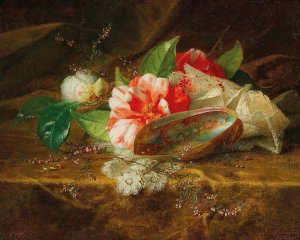 Still life with camellia, a shell and a lace doily by Jules Ferdinand Medard Oil Painting