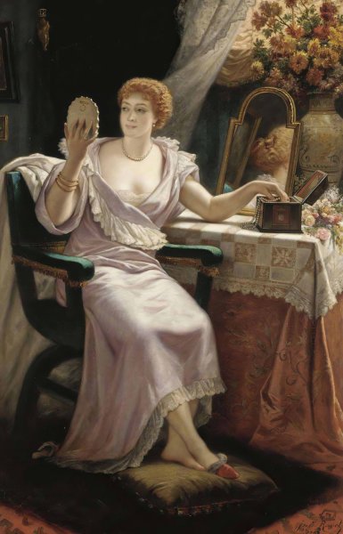 Looking In The Mirror  by Jules-Hippolyte Ravel - Hand-Painted Oil Painting Reproduction