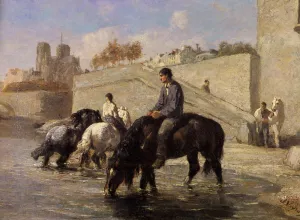 Chevaux s'Abreuvant dans la Seine Derriere Notre Dame by Jules Jacques Veyrassat - Oil Painting Reproduction