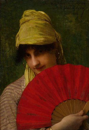 The Red Fan by Jules Joseph Lefebvre Oil Painting