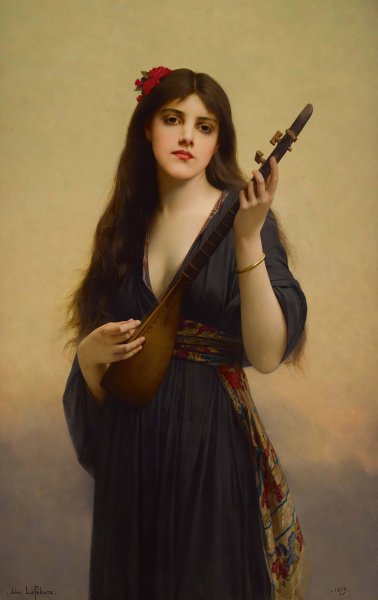 Woman Playing A Lute  by Jules Joseph Lefebvre - Hand-Painted Oil Painting Reproduction