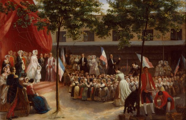 La duchesse d'Orleans et le comte de Paris visitent une salle d'asile parisienne  by Jules Laure - Hand-Painted Oil Painting Reproduction