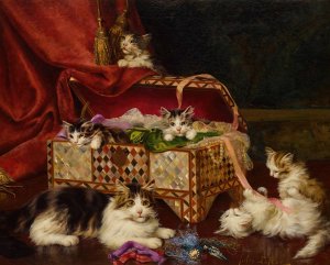 Kittens in Sewing Basket by Jules Leroy Oil Painting