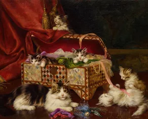 Kittens in Sewing Basket by Jules Leroy Oil Painting