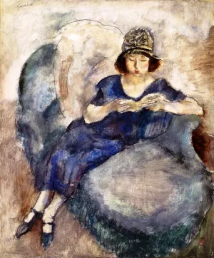 Girl in Blue Dress on Sofa, Reading by Jules Pascin Oil Painting