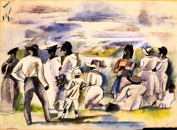 Main Product Photo of Group of Figures with Boy Holding Flowers Painting by Jules Pascin