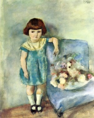 Little Girl Beside a Bunch of Flowers Oil painting by Jules Pascin