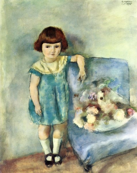 Little Girl Beside a Bunch of Flowers by Jules Pascin - Hand-Painted Oil Painting Reproduction