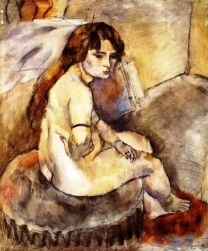 Nude Seated on a Hassock by Jules Pascin Oil Painting