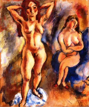 Two Nudes - One Standing, One Sitting by Jules Pascin Oil Painting