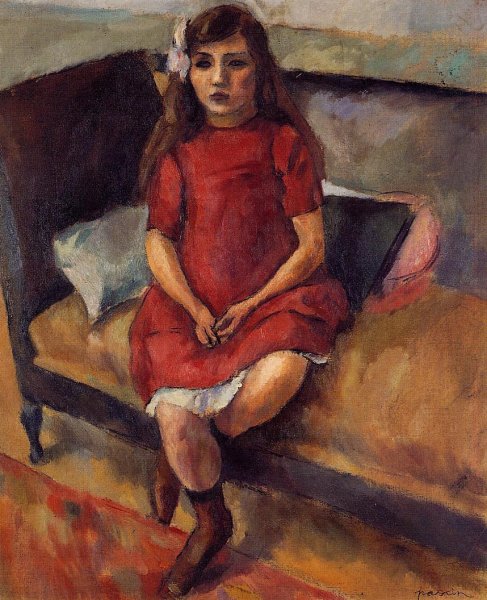 Main Product Photo of Young Girl in Red Painting by Jules Pascin