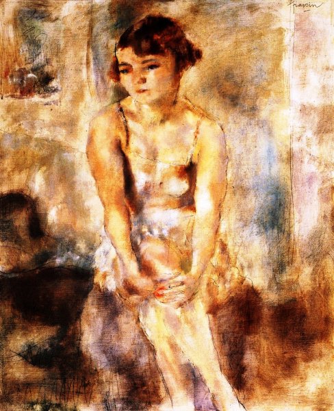 Young Woman Seated in a Chemise by Jules Pascin - Hand-Painted Oil Painting Reproduction