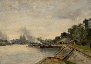 River Landscape with City View across the Water by Jules Petillion Oil Painting