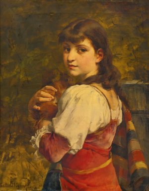 Young woman with a squirrel by Jules Salles-Wagner Oil Painting